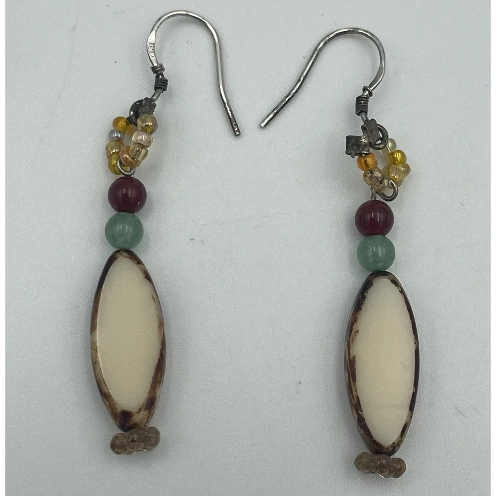 Beaded Boho Dangle Earrings Czech Glass Spindle Bead Jewelry 925 Sterling Hooks